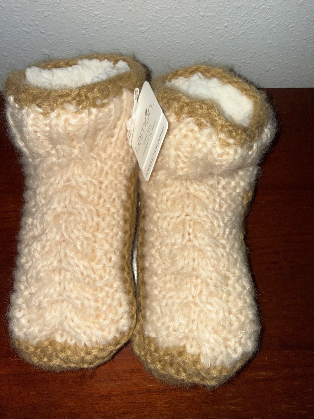 Lemon Cozy Knit Sherpa Bootie Slippers in Cream and Tan